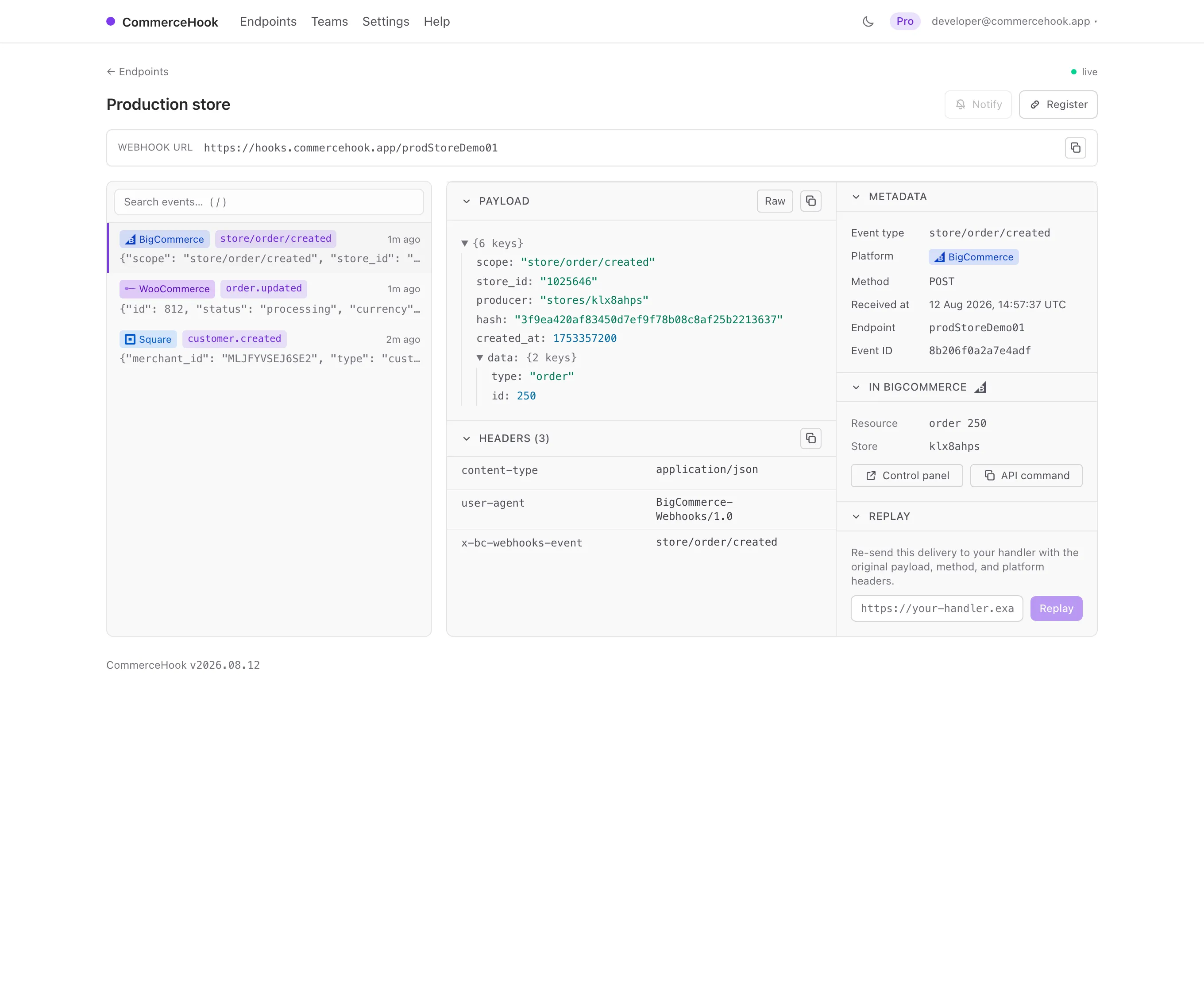 The CommerceHook inspector showing a BigCommerce store/order/created event: the JSON payload, the headers, and links back to the order in the BigCommerce control panel