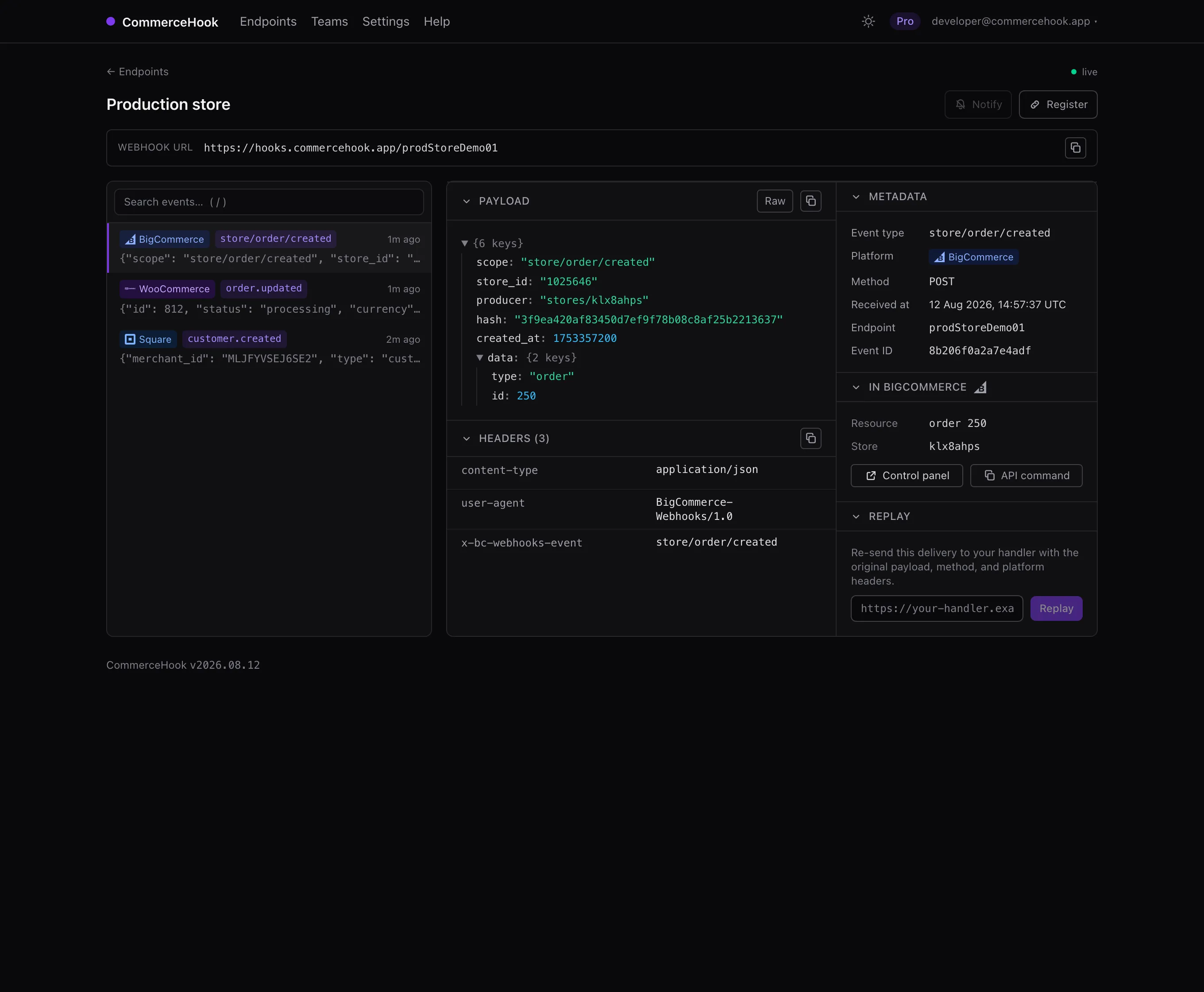 The CommerceHook inspector showing a BigCommerce store/order/created event: the JSON payload, the headers, and links back to the order in the BigCommerce control panel