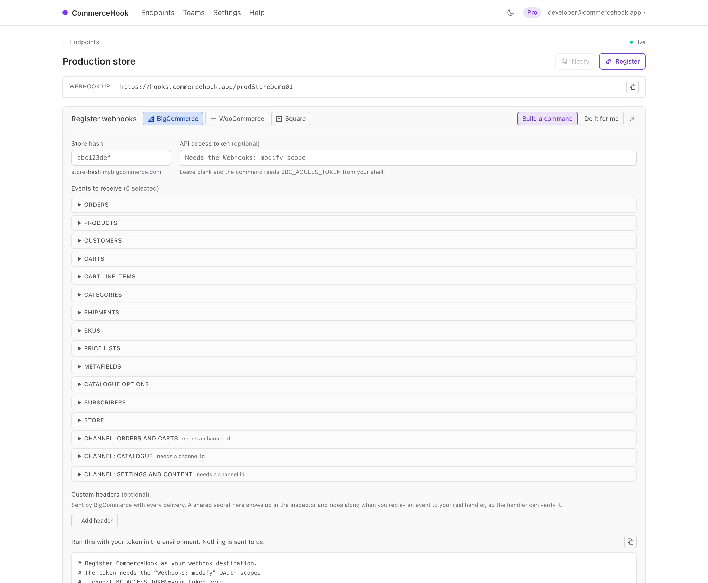 The register panel in the dashboard, BigCommerce selected, showing the scope picker