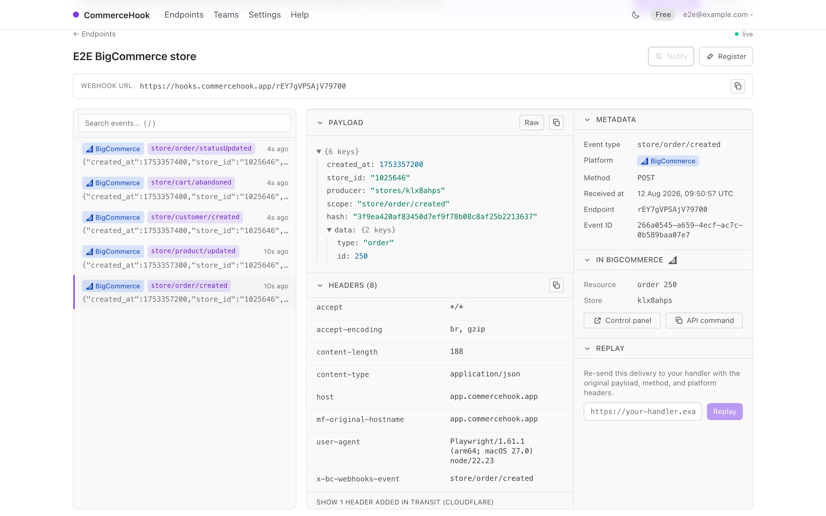 The CommerceHook inspector in light mode showing a webhook delivery: collapsible JSON payload, delivery headers, metadata and links back into the store