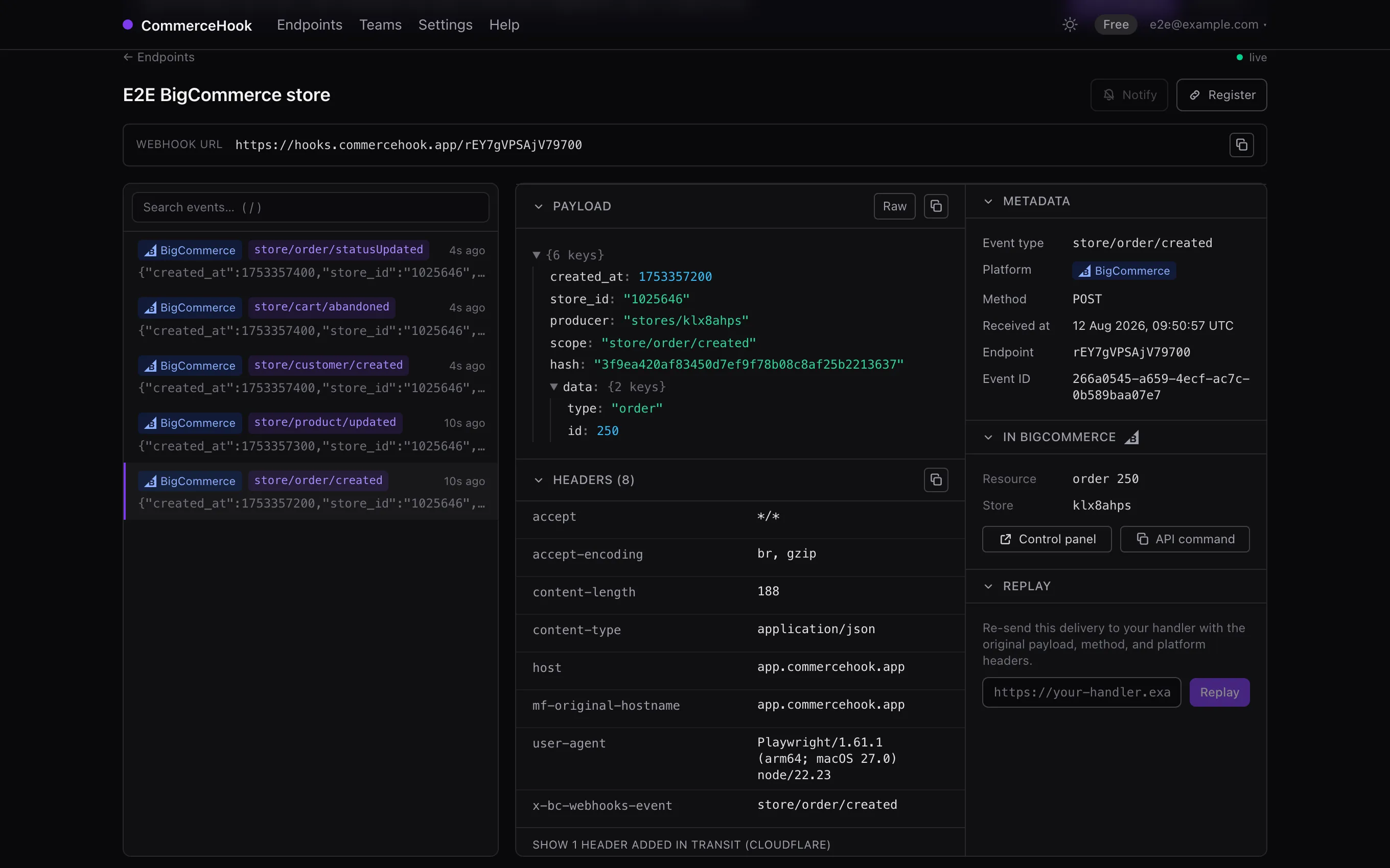 The CommerceHook inspector showing a webhook delivery: collapsible JSON payload, delivery headers, metadata and links back into the store