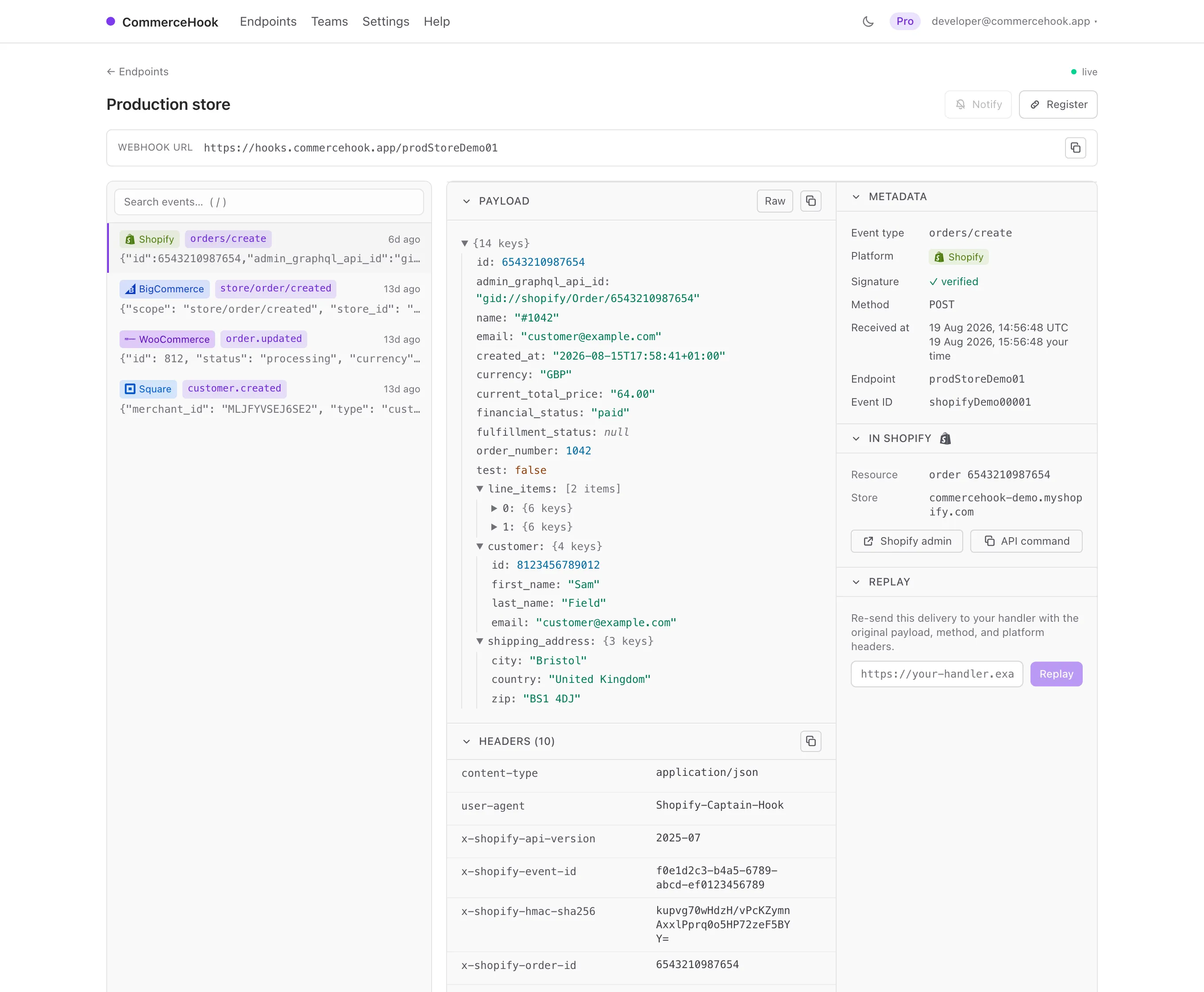 The CommerceHook inspector showing a Shopify orders/create event: the payload as a JSON tree, the delivery headers including the HMAC signature, and a link to the order in the Shopify admin