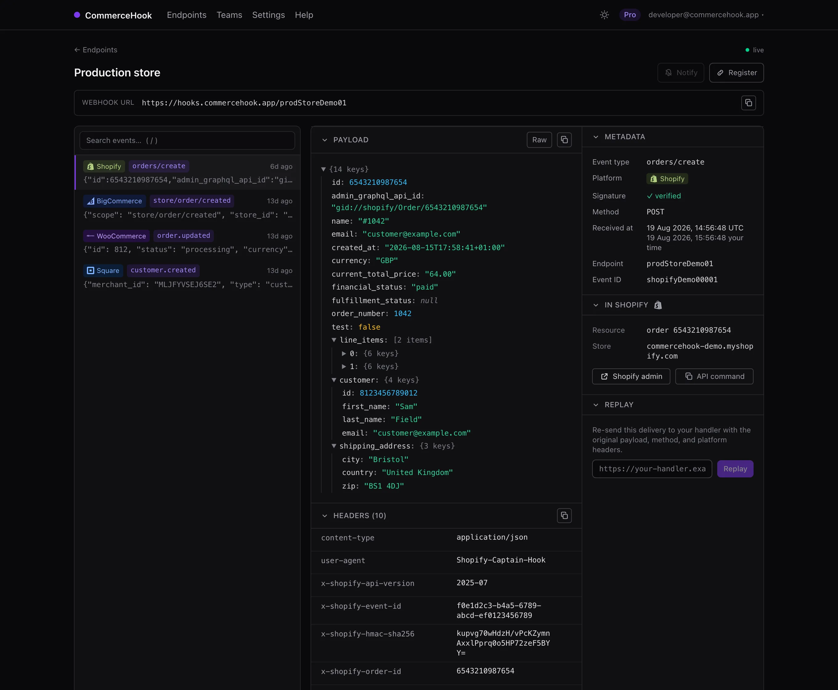 The CommerceHook inspector showing a Shopify orders/create event: the payload as a JSON tree, the delivery headers including the HMAC signature, and a link to the order in the Shopify admin