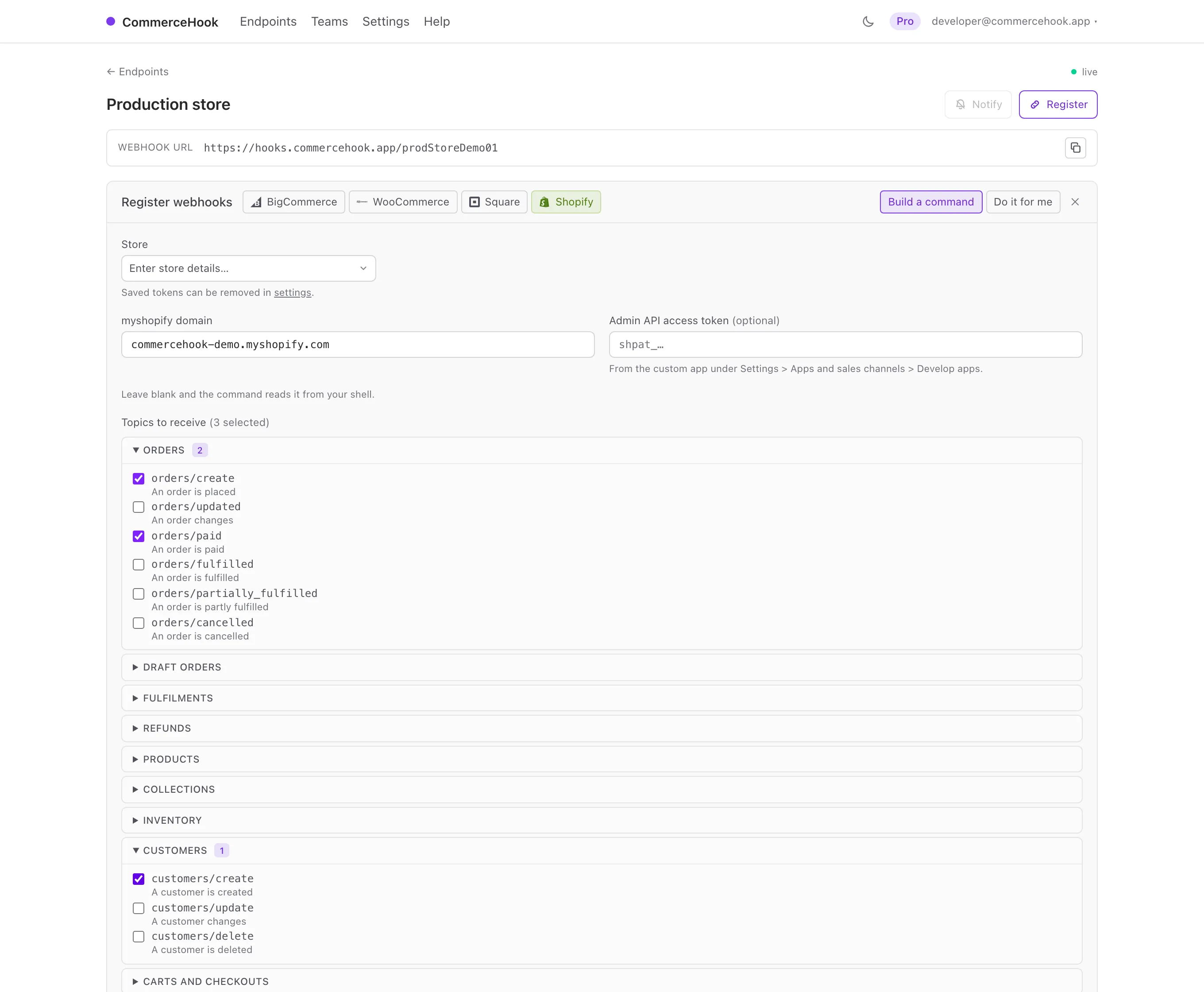 The register panel in the dashboard, Shopify selected, showing the grouped topic picker