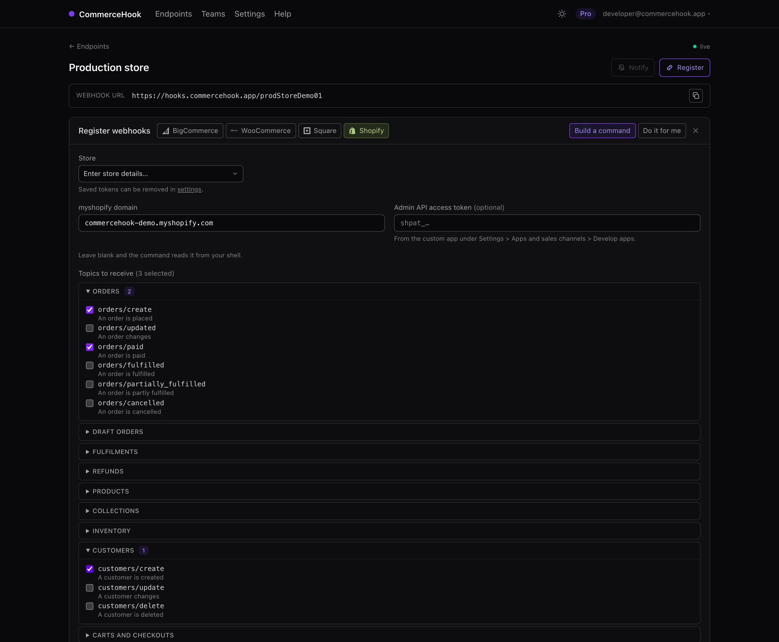 The register panel in the dashboard, Shopify selected, showing the grouped topic picker
