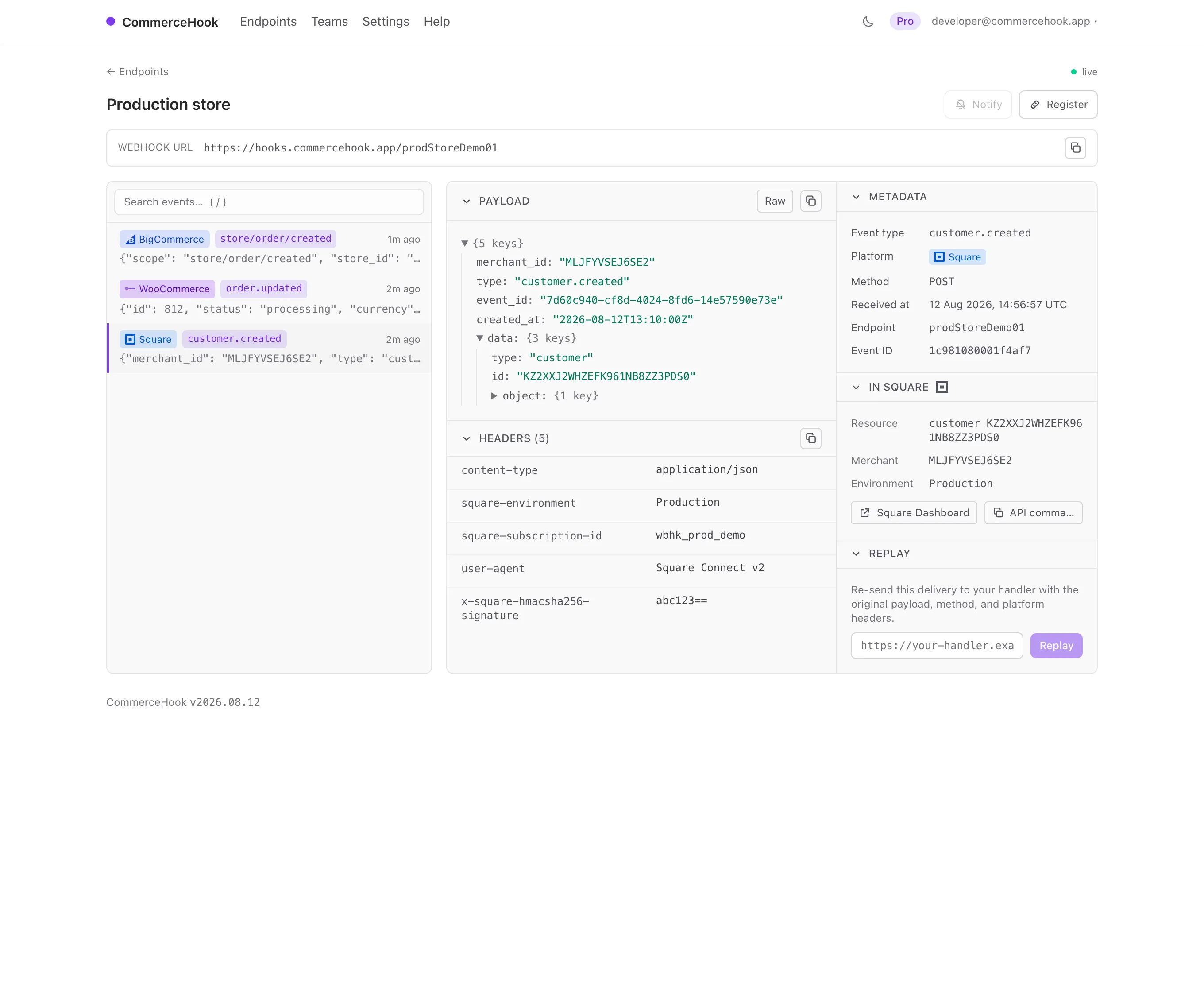The CommerceHook inspector showing a Square customer.created event: the payload as a JSON tree, the delivery headers including the signature, and links back to the merchant's record in Square