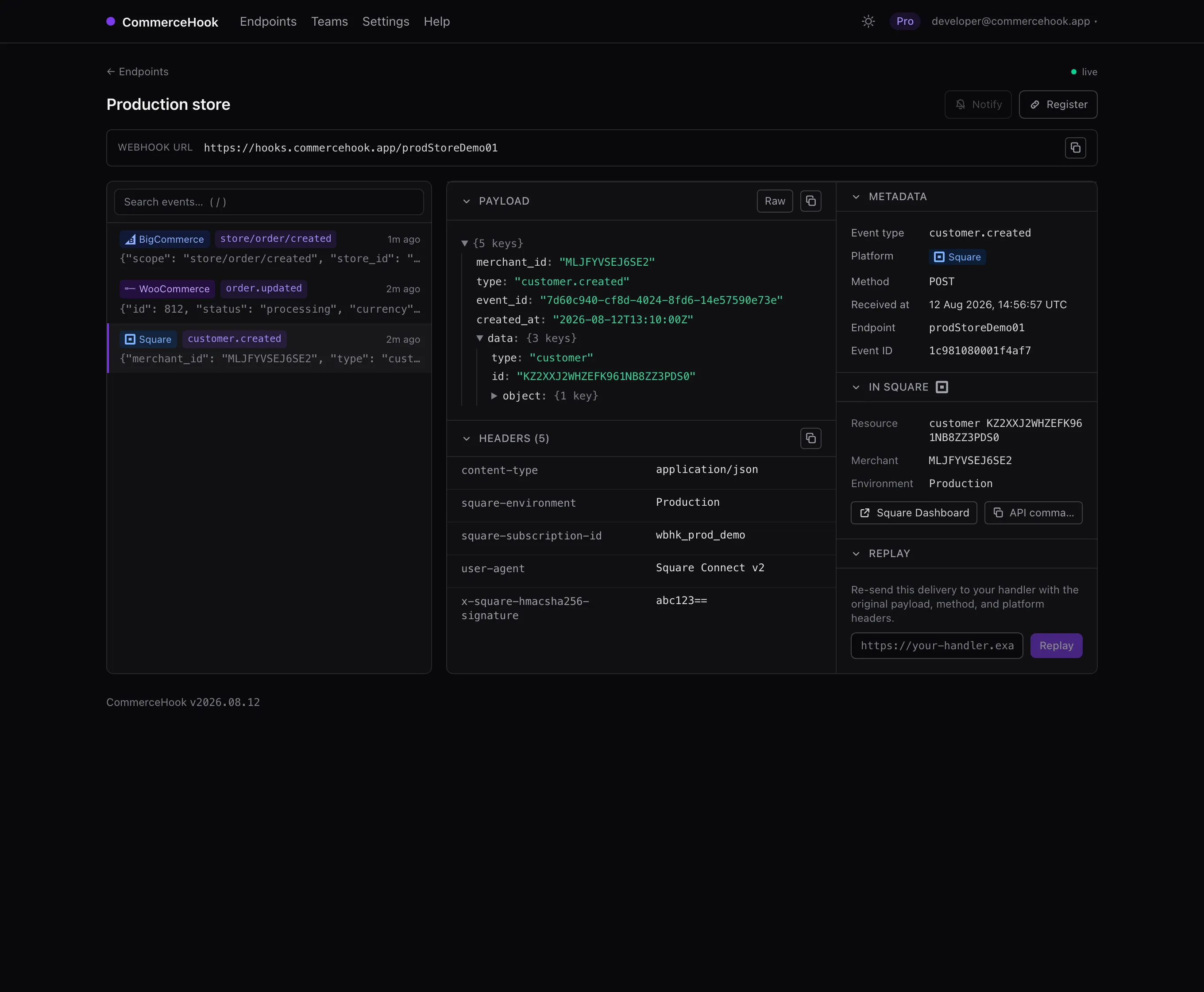 The CommerceHook inspector showing a Square customer.created event: the payload as a JSON tree, the delivery headers including the signature, and links back to the merchant's record in Square