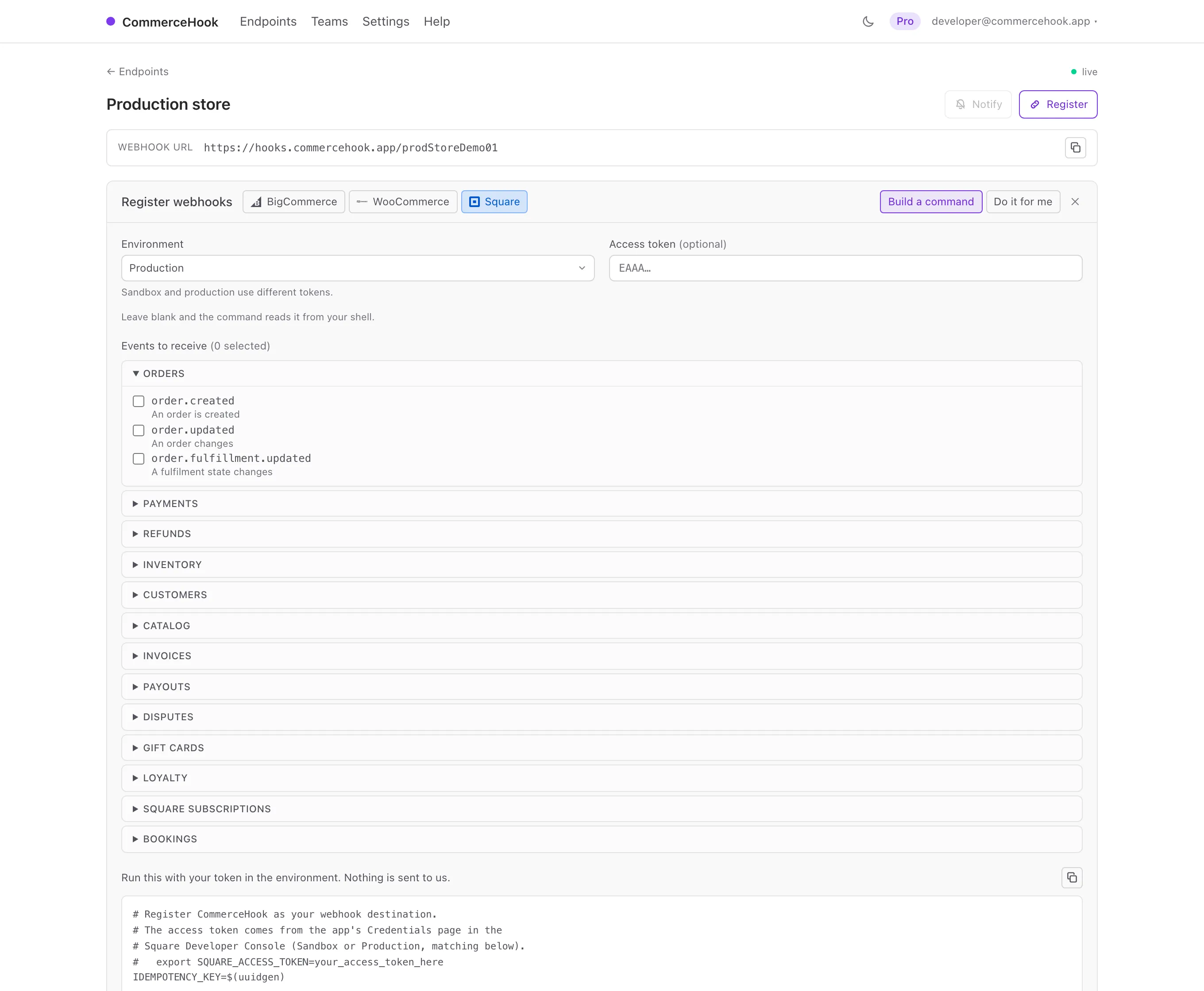 The register panel in the dashboard, Square selected, showing the grouped event picker