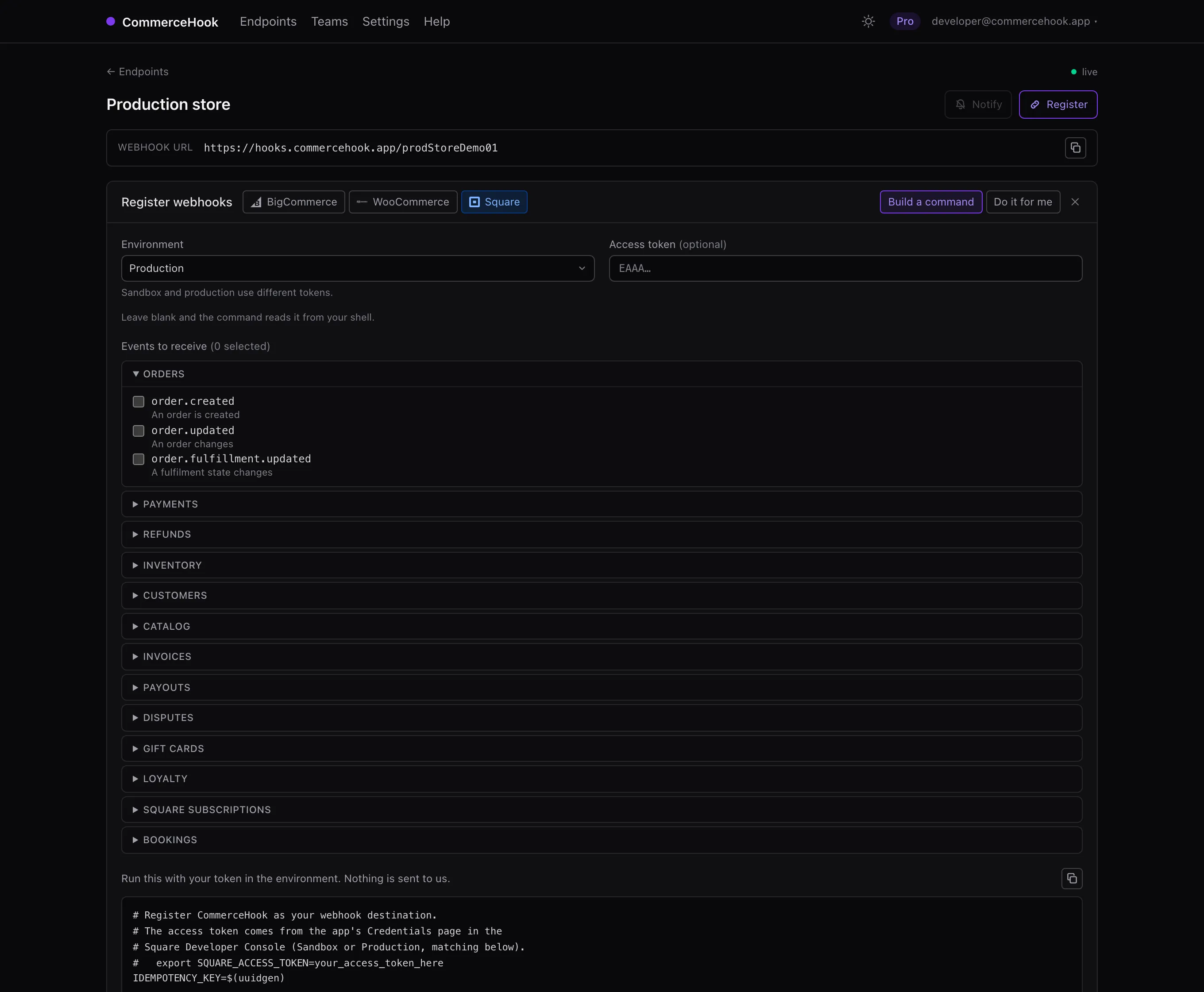 The register panel in the dashboard, Square selected, showing the grouped event picker