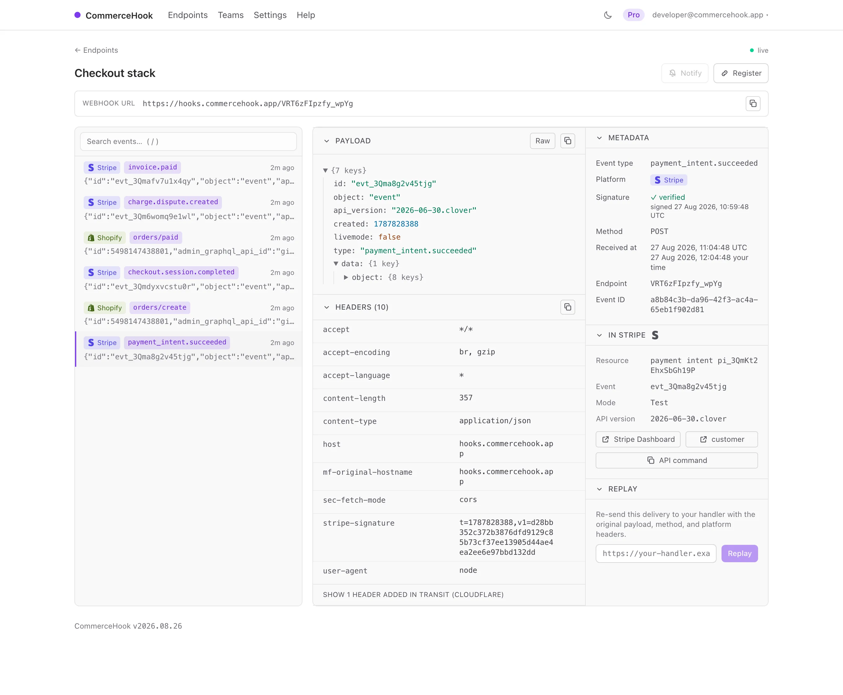 The CommerceHook inspector showing a Stripe payment_intent.succeeded event next to Shopify order events in the same timeline: the payload as a JSON tree, a verified signature with its signing time, and links into the Stripe Dashboard