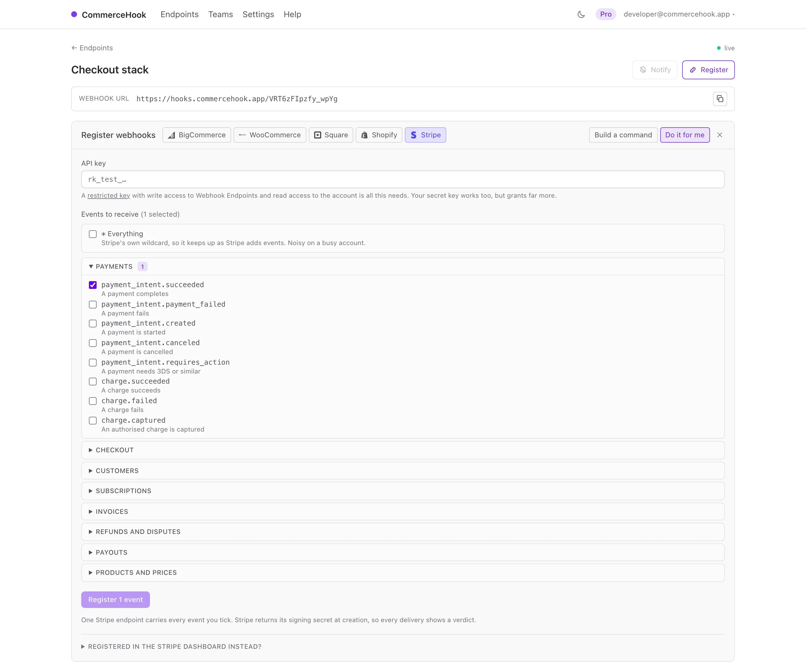 The register panel in the dashboard, Stripe selected, showing the grouped event picker and the restricted-key guidance