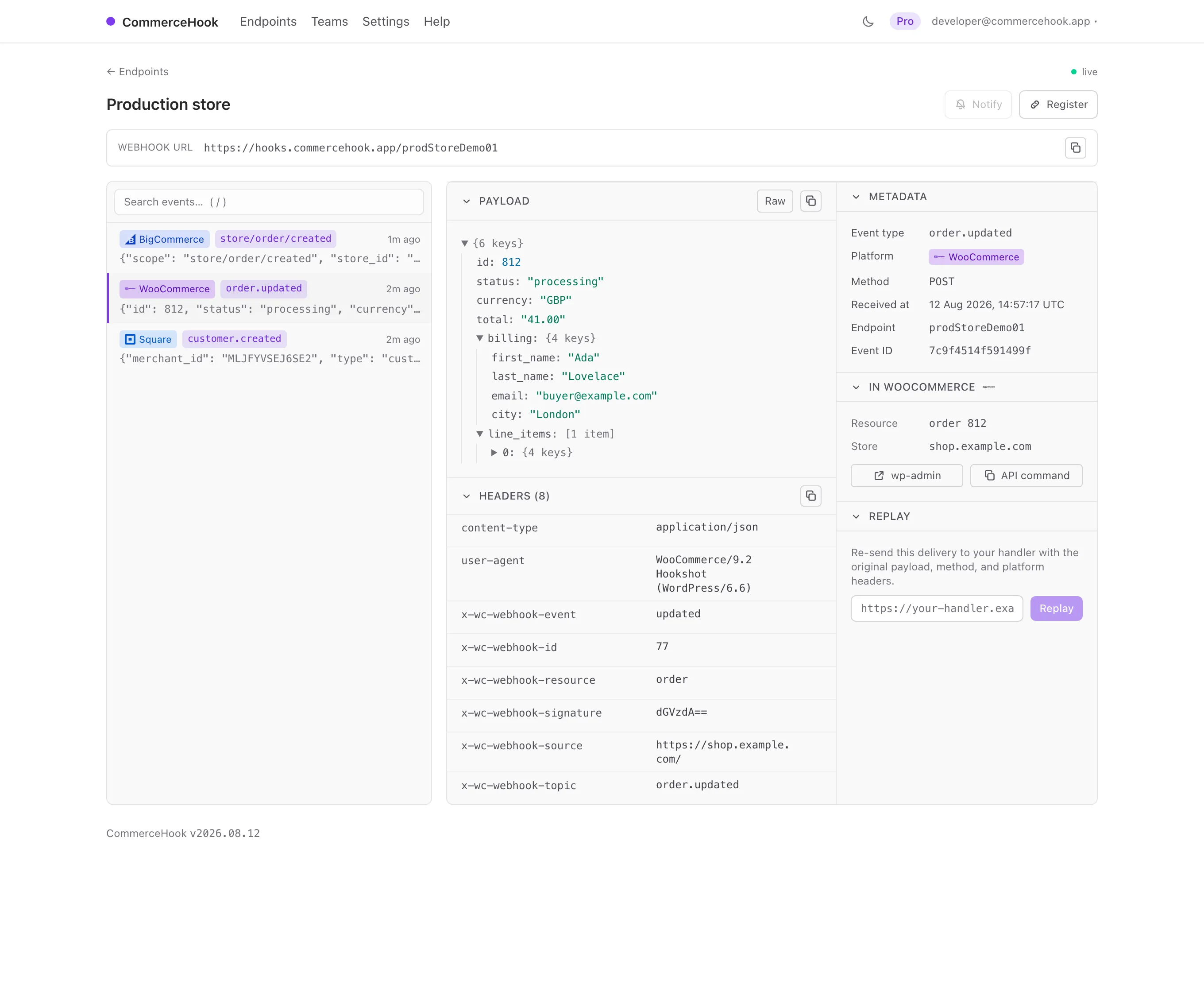 The CommerceHook inspector showing a WooCommerce order.updated event: the JSON payload, the headers including the signature, and links back to the order in wp-admin