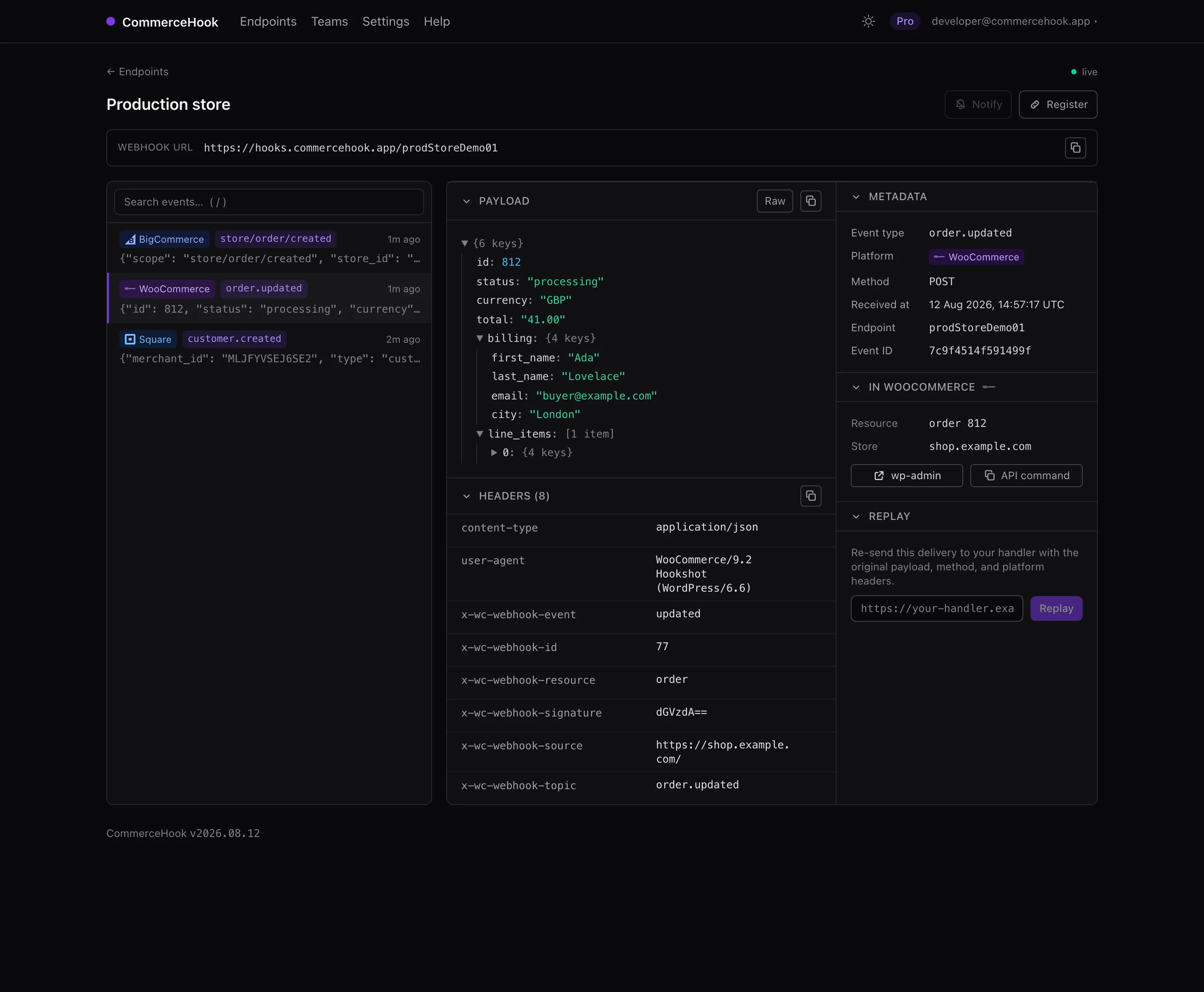 The CommerceHook inspector showing a WooCommerce order.updated event: the JSON payload, the headers including the signature, and links back to the order in wp-admin