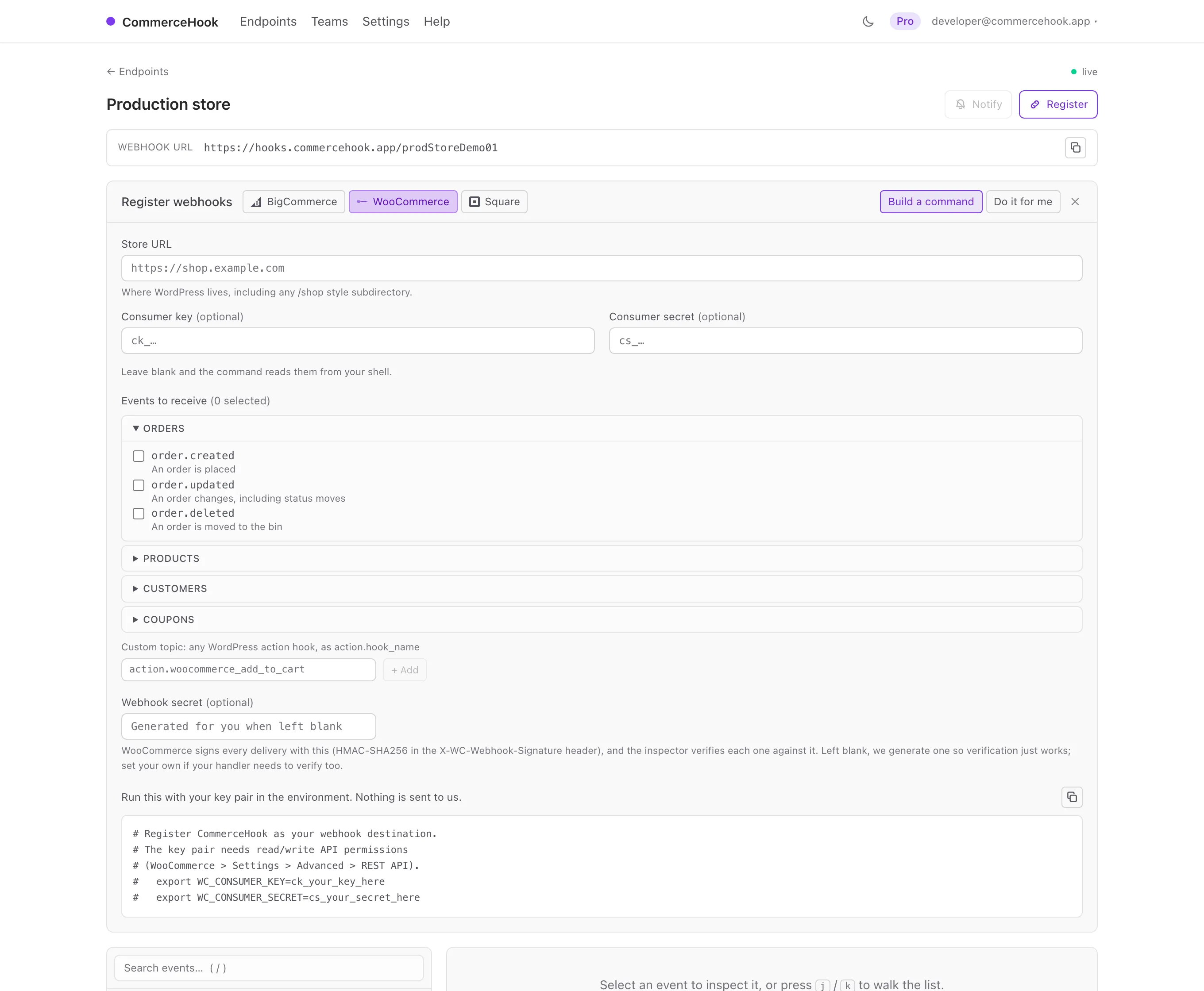 The register panel in the dashboard, WooCommerce selected, showing the topic picker