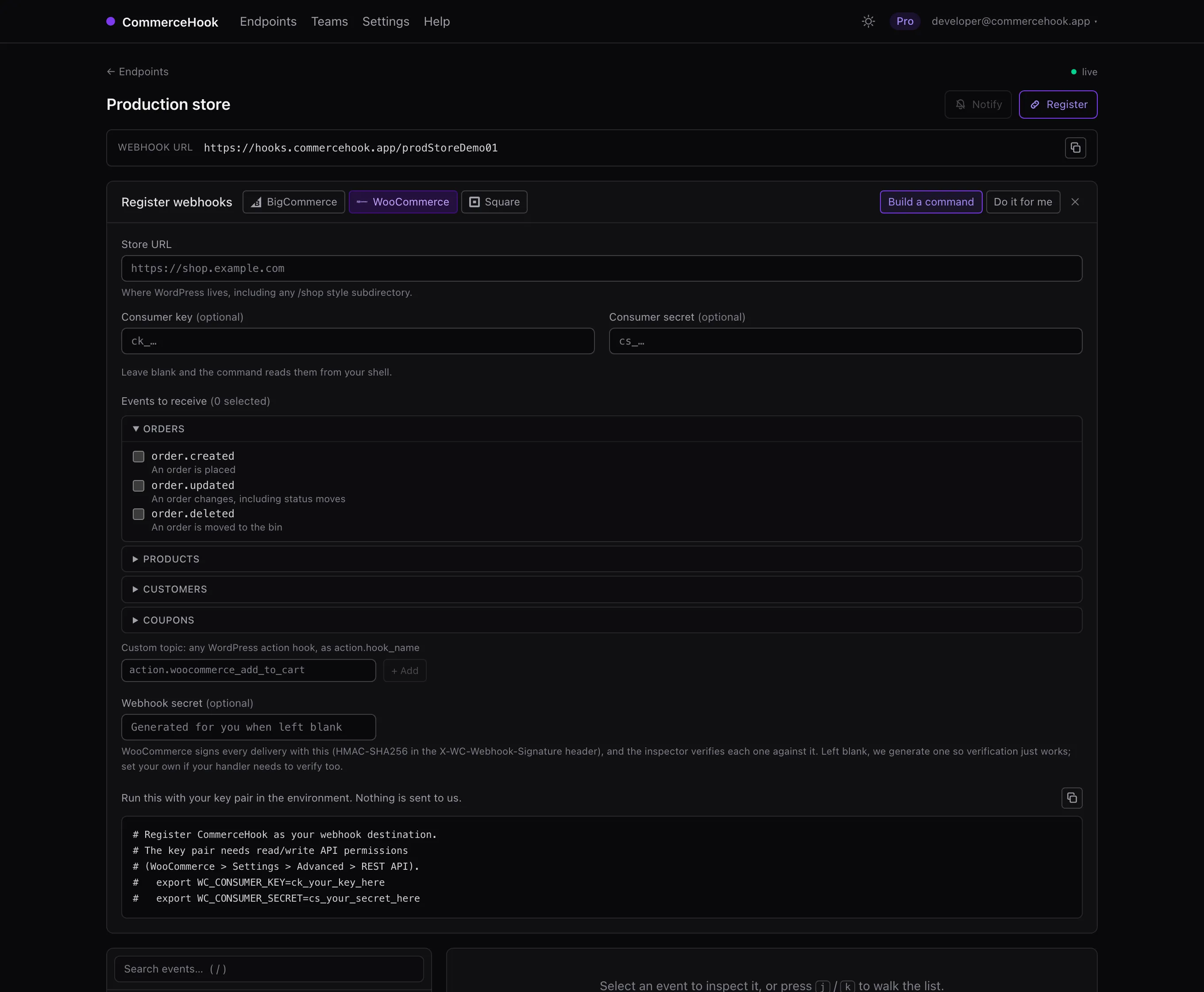 The register panel in the dashboard, WooCommerce selected, showing the topic picker