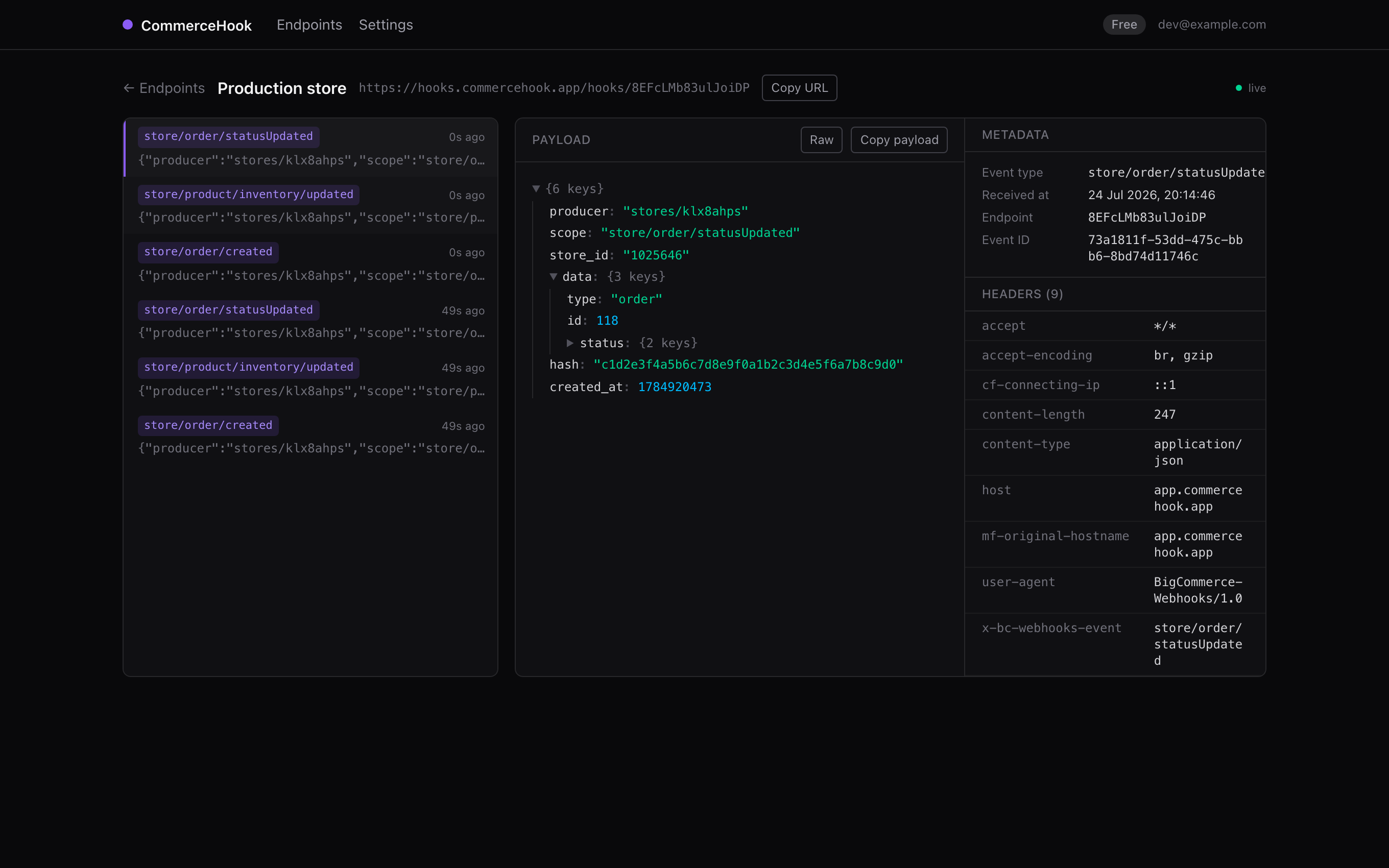 The CommerceHook inspector showing a BigCommerce store/order/statusUpdated event: collapsible JSON payload on the left, delivery headers and metadata on the right